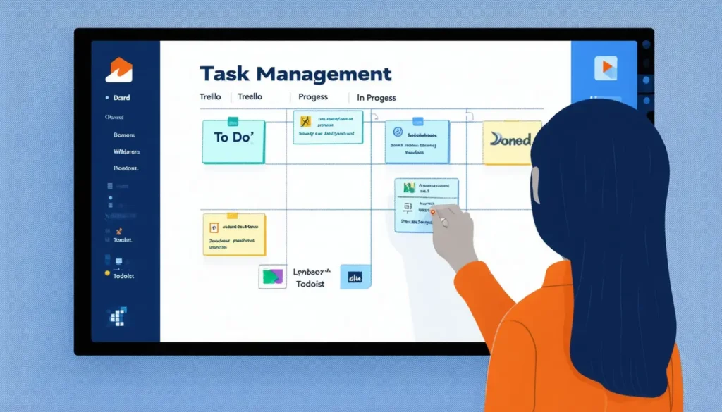 Task management productivity apps like Trello and Todoist with kanban boards and to-do lists helping users organize work