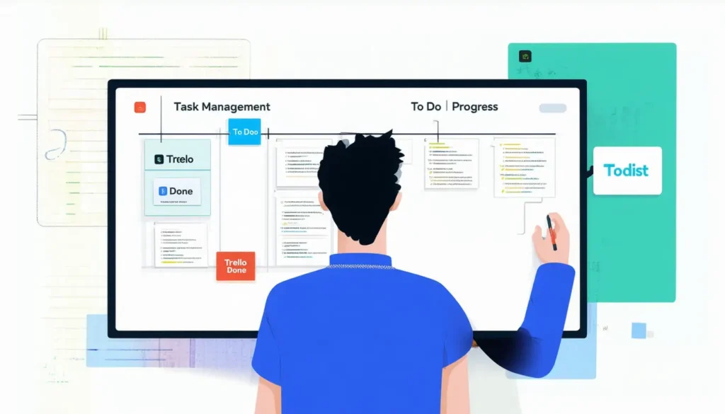 Note-taking productivity apps interface featuring Notion and Evernote for organizing ideas and brainstorming digitally